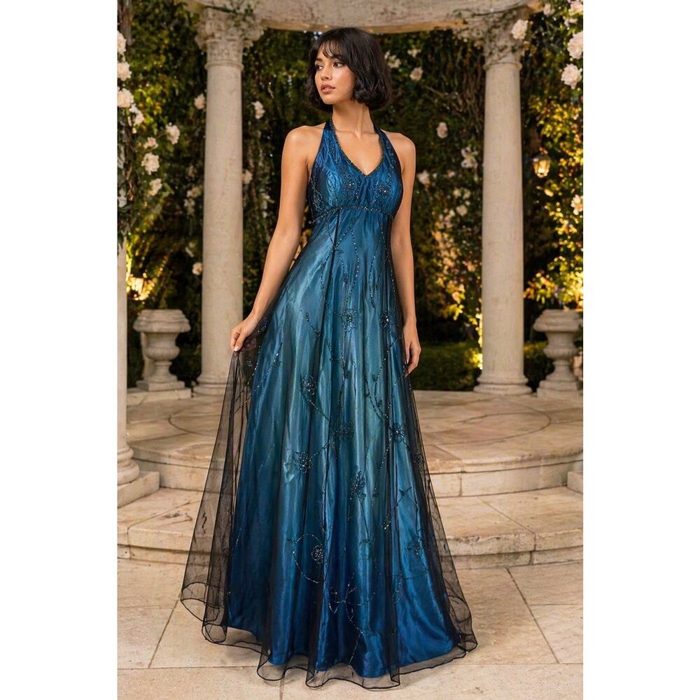 VTG Y2K Corset Beaded Sheer Black Mesh Overlay Ombre Blue Goth Halter Dress 4